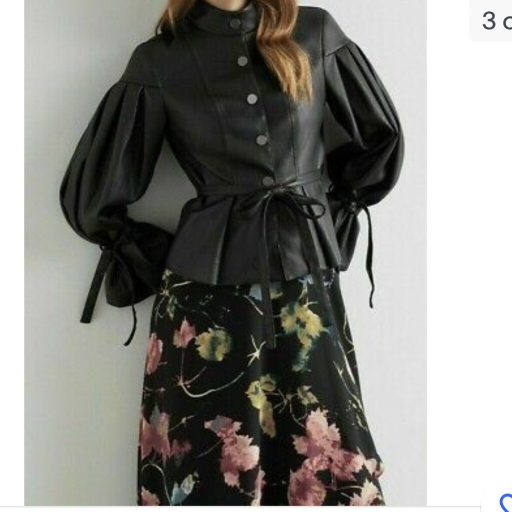 BCBG MAXAZRIA FAUX-LEATHER PLEATED SLEEVE STRETCH PEPLUM JACKET BLACK SZ Small - Picture 4 of 5